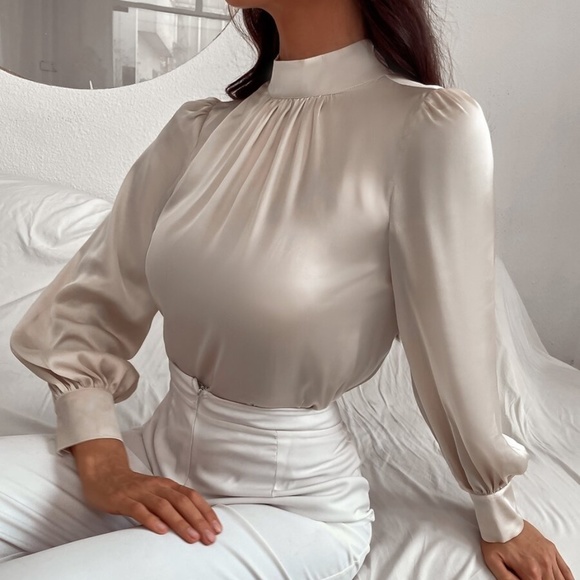 Classic High Neck pleated Satin long sleeve Top - Picture 7 of 11